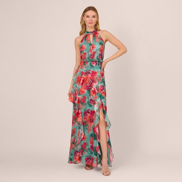 Adrianna Papell Floral Printed Halter Mermaid Gown With Ruffle Details In Turquo - Picture 3 of 3